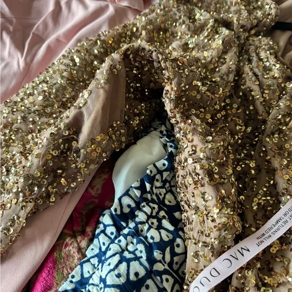 Mac Duggal Gold Sequined Long Sleeve V-Neck Gown - Picture 10 of 10